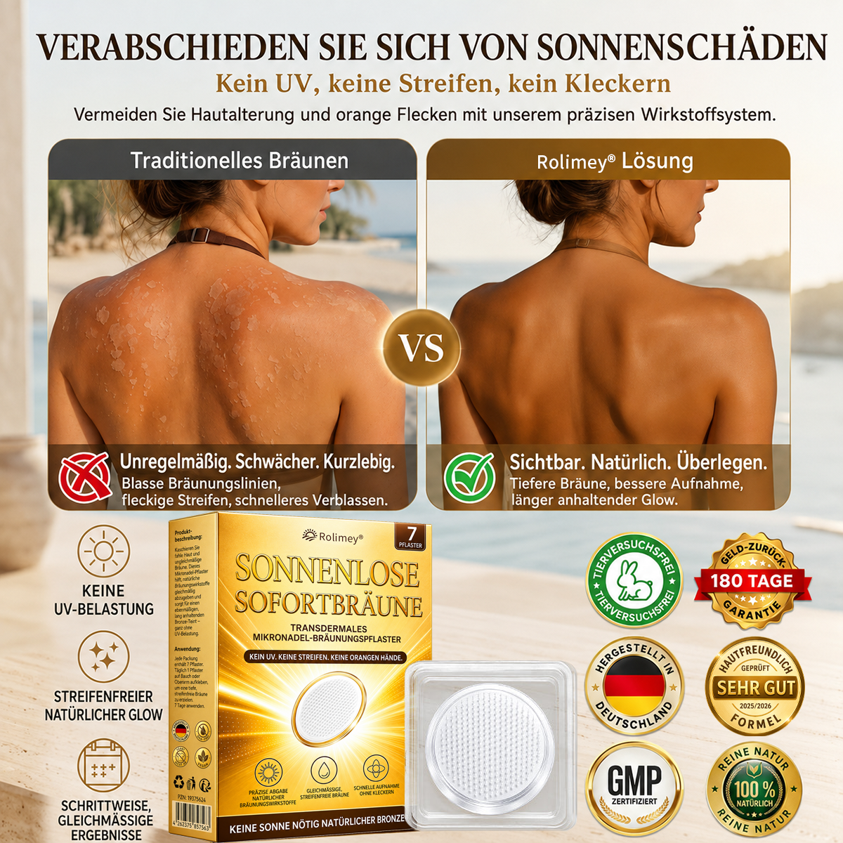 Rolimey® Mikronadel-Bräunungspflaster • Natürlicher Bronze-Glow ohne UV & DHA